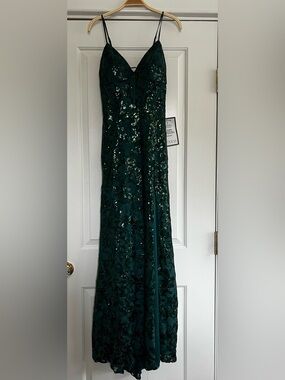 Blondie Nites Hunter Green Sequined Spaghetti Strap Gown
